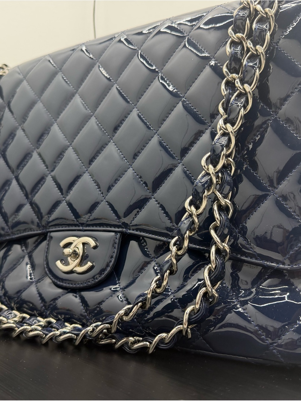 CHANEL Quilted Patent Leather Flap Bag in Deep Navy with Gold Hardware